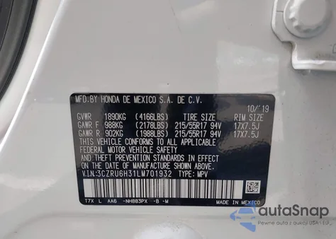 2020 Honda Hr-V Awd Lx z USA, uszkodzony, nr VIN 3CZRU6H31LM701932